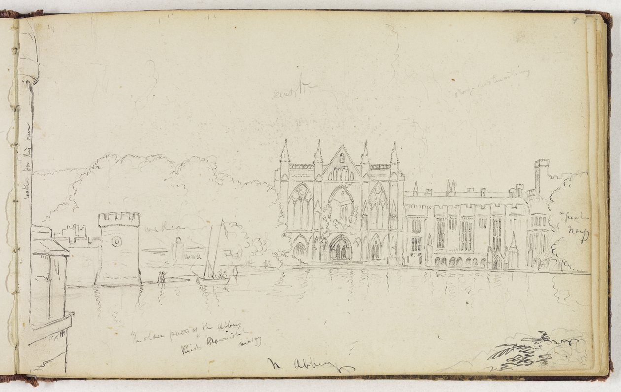 Newstead Abbey, Nottinghamshire, England, ca. 1830 (pen og sort blæk over grafitblyant på råhvidt vævet papir) af Thomas Cole