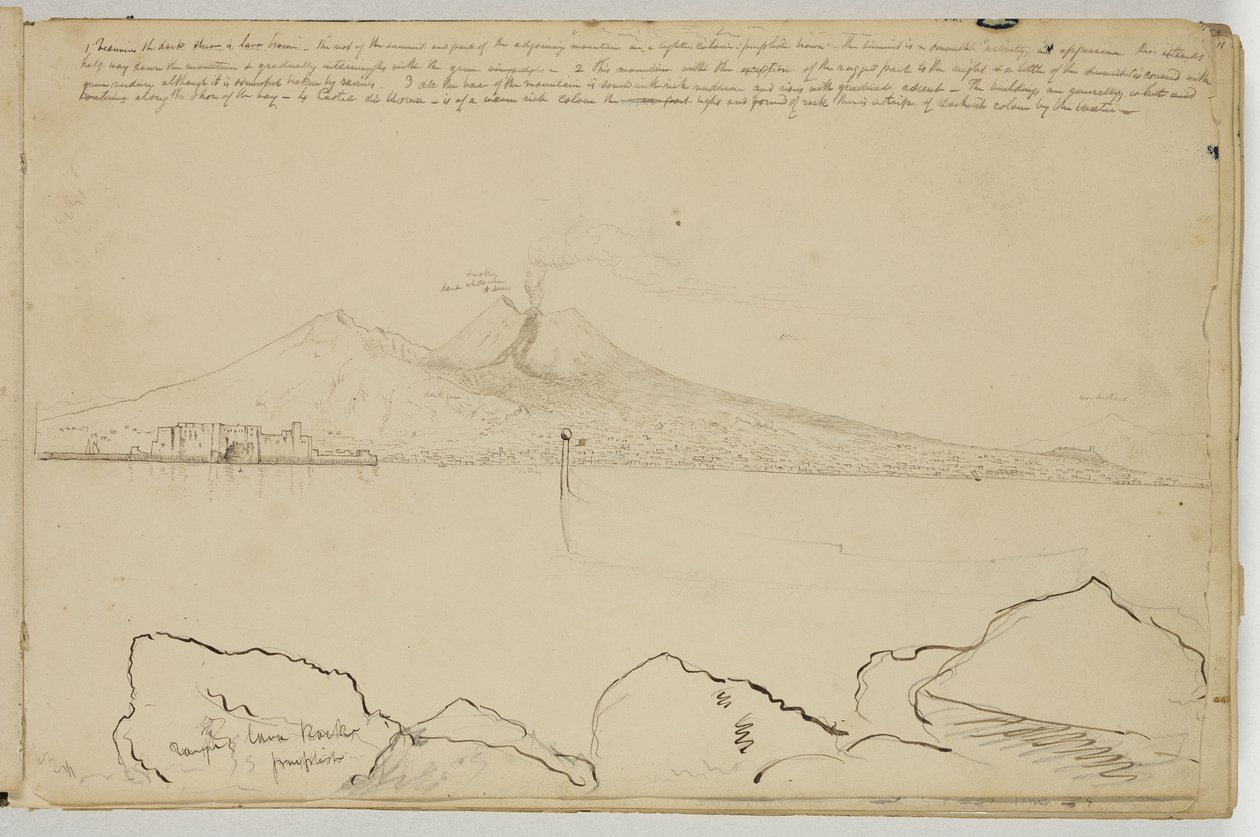 Panorama over Napoli-bugten, ca. 1832 (pen og brunt blæk over grafitblyant på råhvidt vævet papir) af Thomas Cole