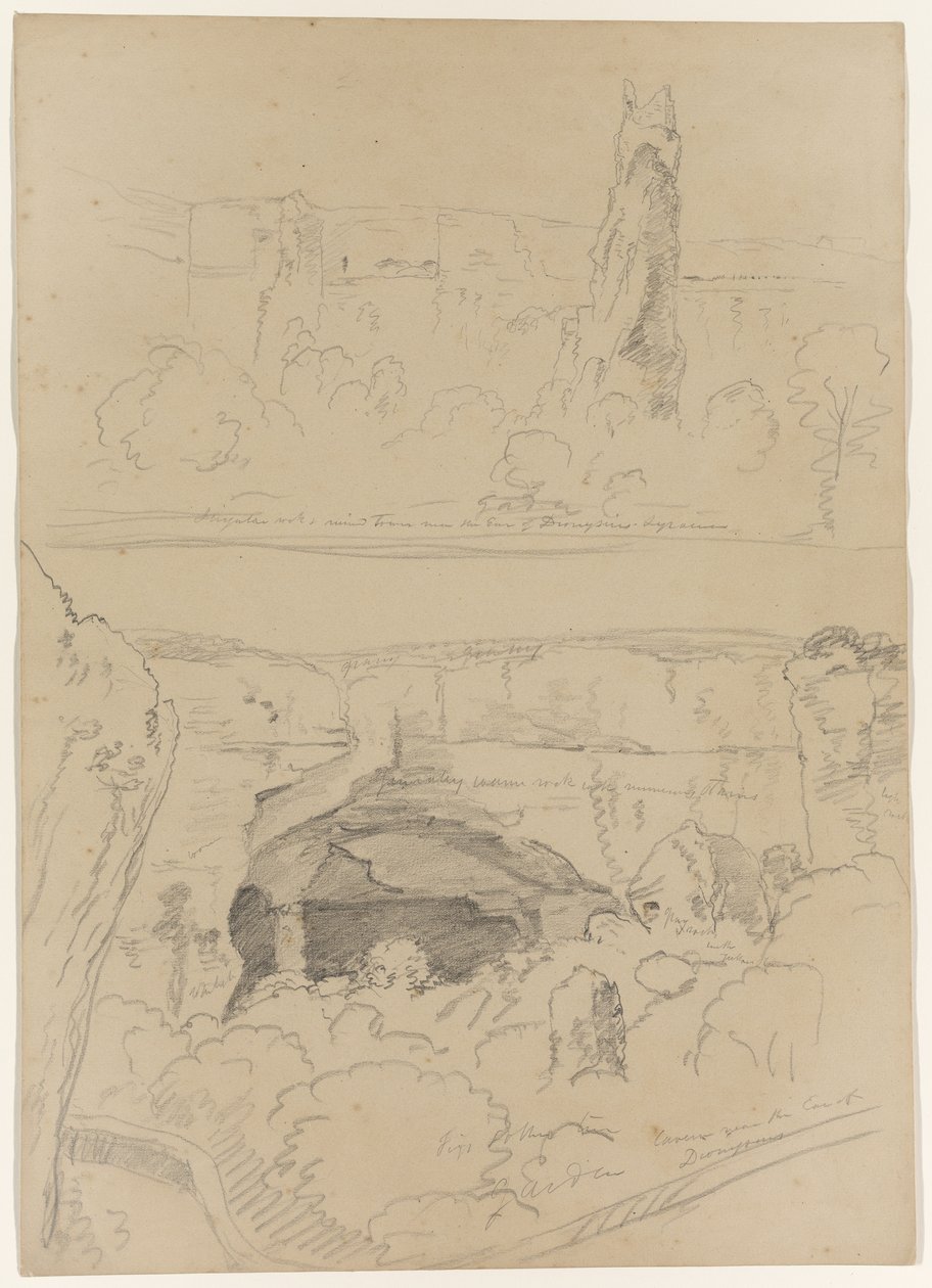 Klippe, tårnruiner og hule nær Dionysos øre, Syracusa, Sicilien, 1842 af Thomas Cole