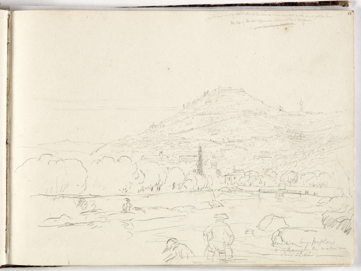 Skitse af bakketop, flodbred og figurer, 1831 af Thomas Cole