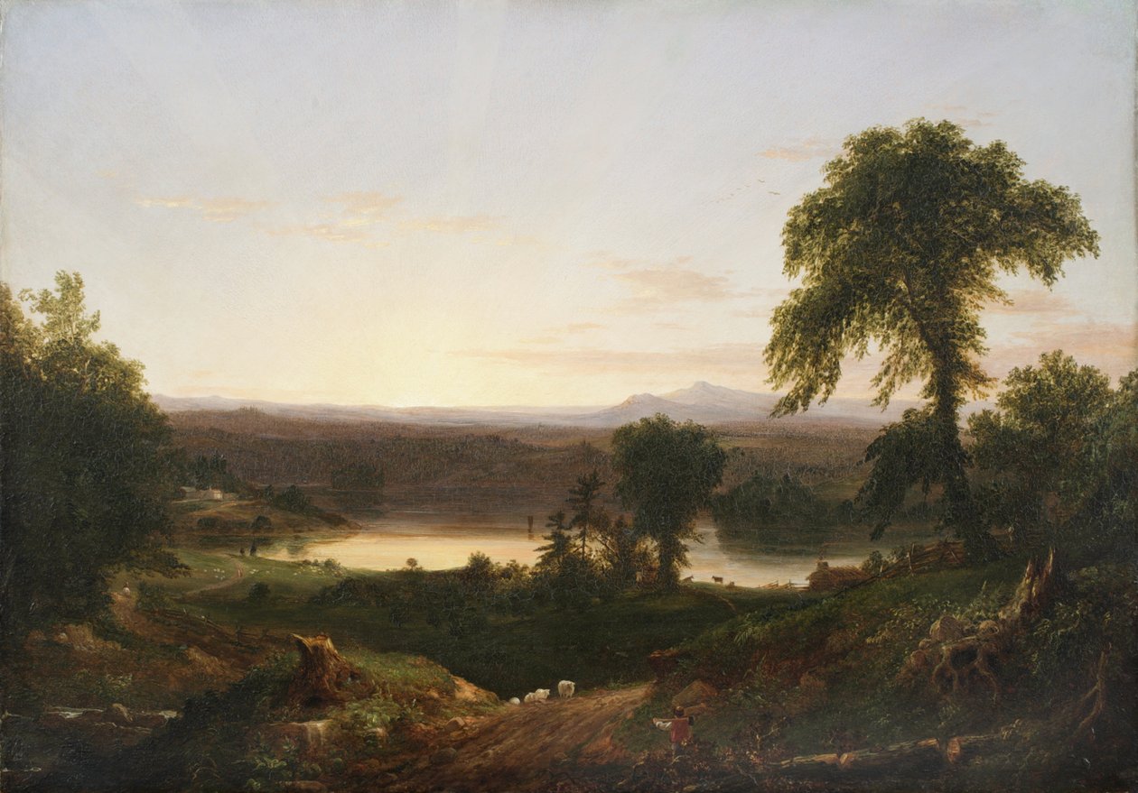 Summer Twilight, A Recollection of a Scene in New England, 1834 (olie på træpanel) af Thomas Cole