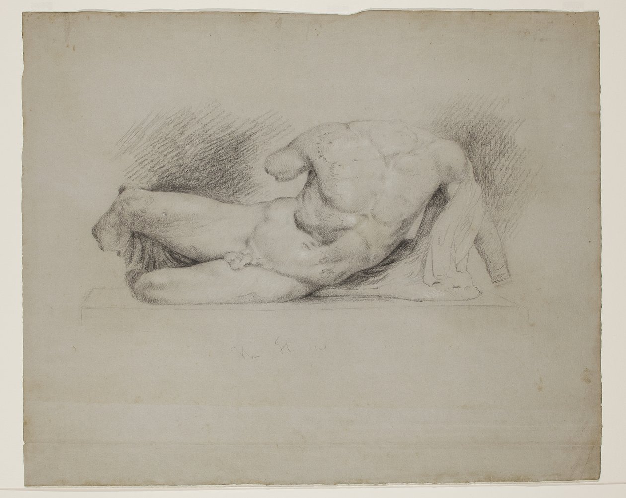 Ilissus, fra Parthenon West Pediment, 1829 eller 1830 (sort kridt forhøjet med hvidt kridt på gråblåt vævet papir) af Thomas Cole
