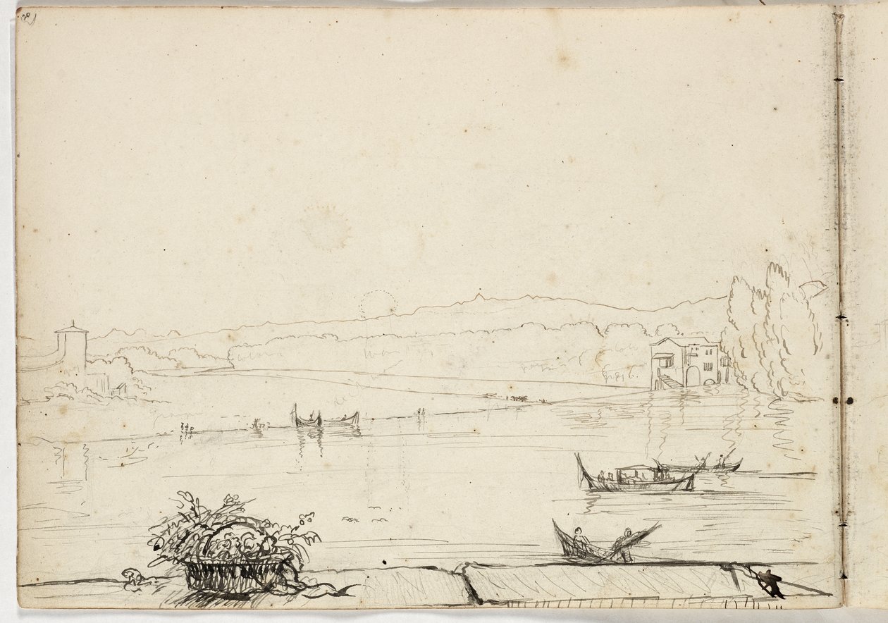 Uden titel (studie af en flodscene med både) 1831 (pen & blæk over blyant på papir) af Thomas Cole