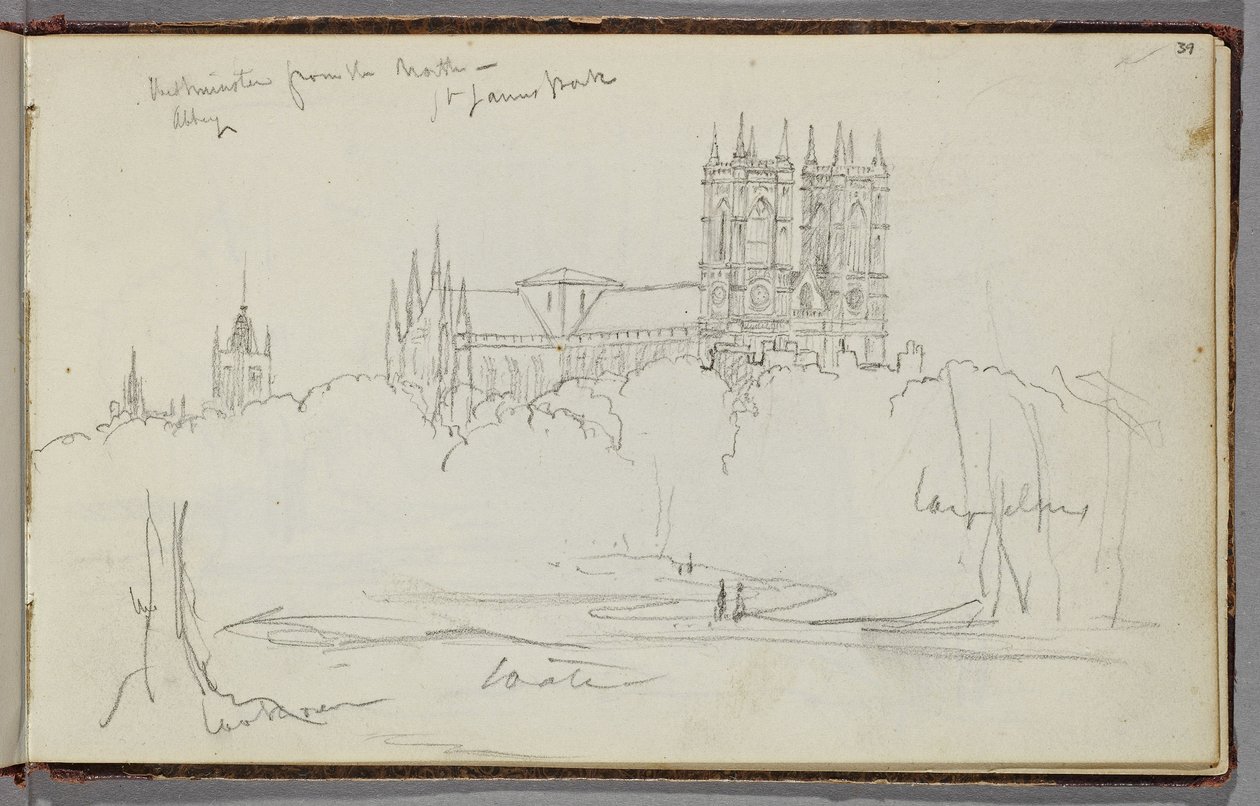 Westminster Abbey fra nord, St. James Park, ca. 1830 (grafitblyant på råhvidt vævet papir) af Thomas Cole