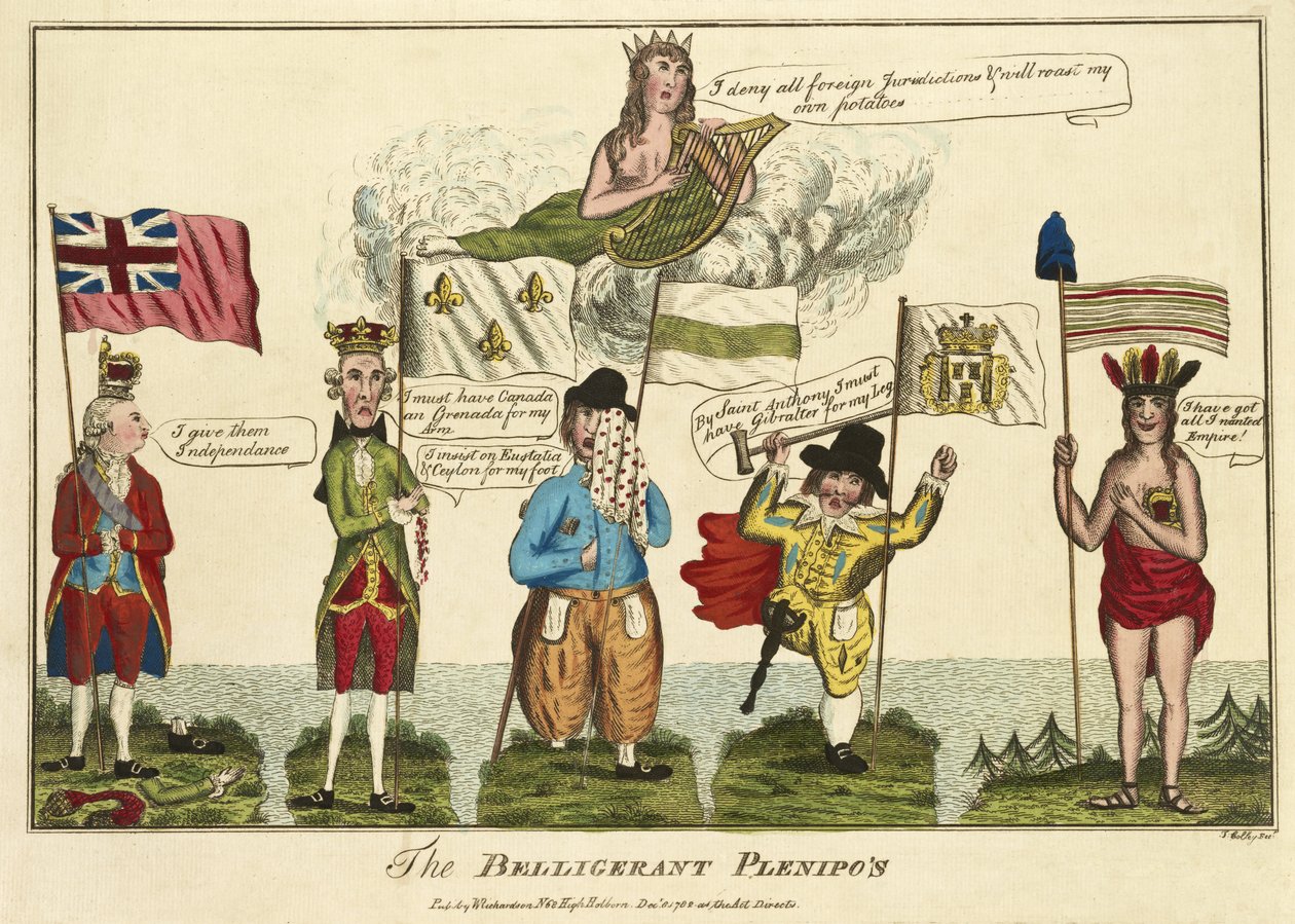 The Belligerent Plenipos, pub. 1782 (håndkoloreret gravering) af Thomas Colley