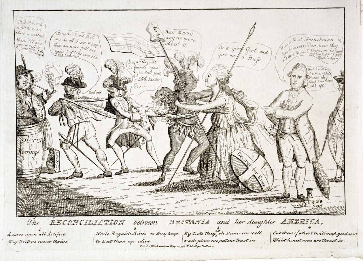 The Reconciliation Between Britannia and her Daughter America, pub. af W. Richardson, 11. maj 1782 af Thomas Colley
