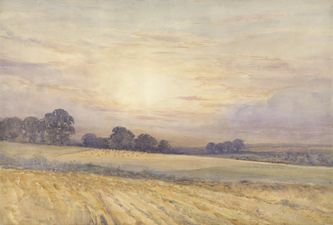 Landskab ved solnedgang, ca. 1891 (wc på papir) af Thomas Collier