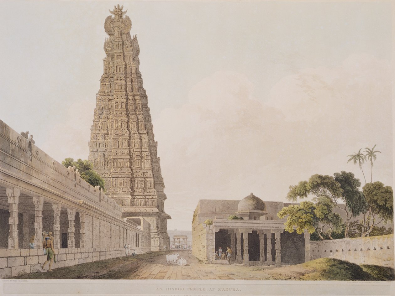 Hindoo tempel i Madura, plade XVI fra Oriental Scenery, udgivet 1798 (farvet akvatint) af Thomas Daniell
