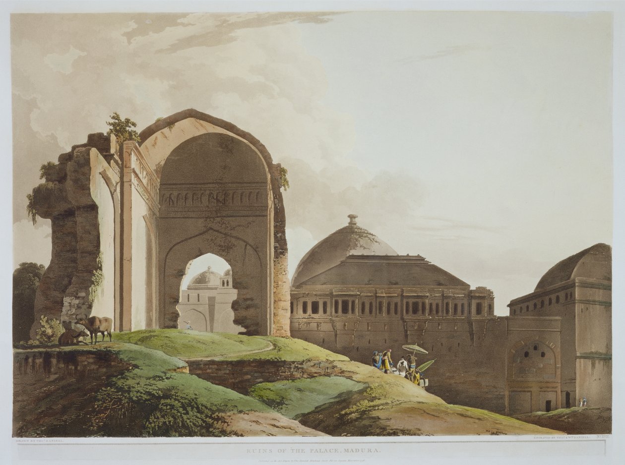 Ruinerne af paladset, Madura, plade 17 fra del 2 af Oriental Scenery, indgraveret af kunstneren og William Daniell (1769-1837) 1798 (akvatint) af Thomas Daniell