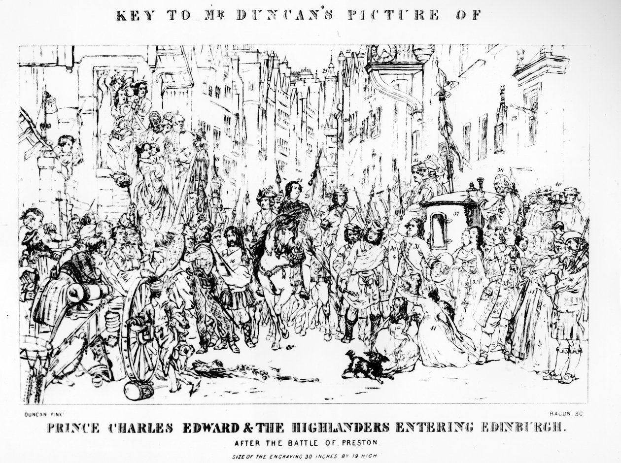 Nøglen til hr. Duncans billede af prins Charles Edward (1720-88) og højlænderne på vej ind i Edinburgh efter slaget ved Preston, 21. september 1745, indgraveret af Bacon (se 10 af Thomas Duncan