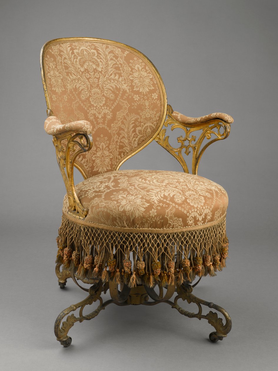 Centripetal Spring Chair, ca. 1849-58 (støbejern, træ, moderne polstring, moderne beklædning, originale frynser) af Thomas E. Warren