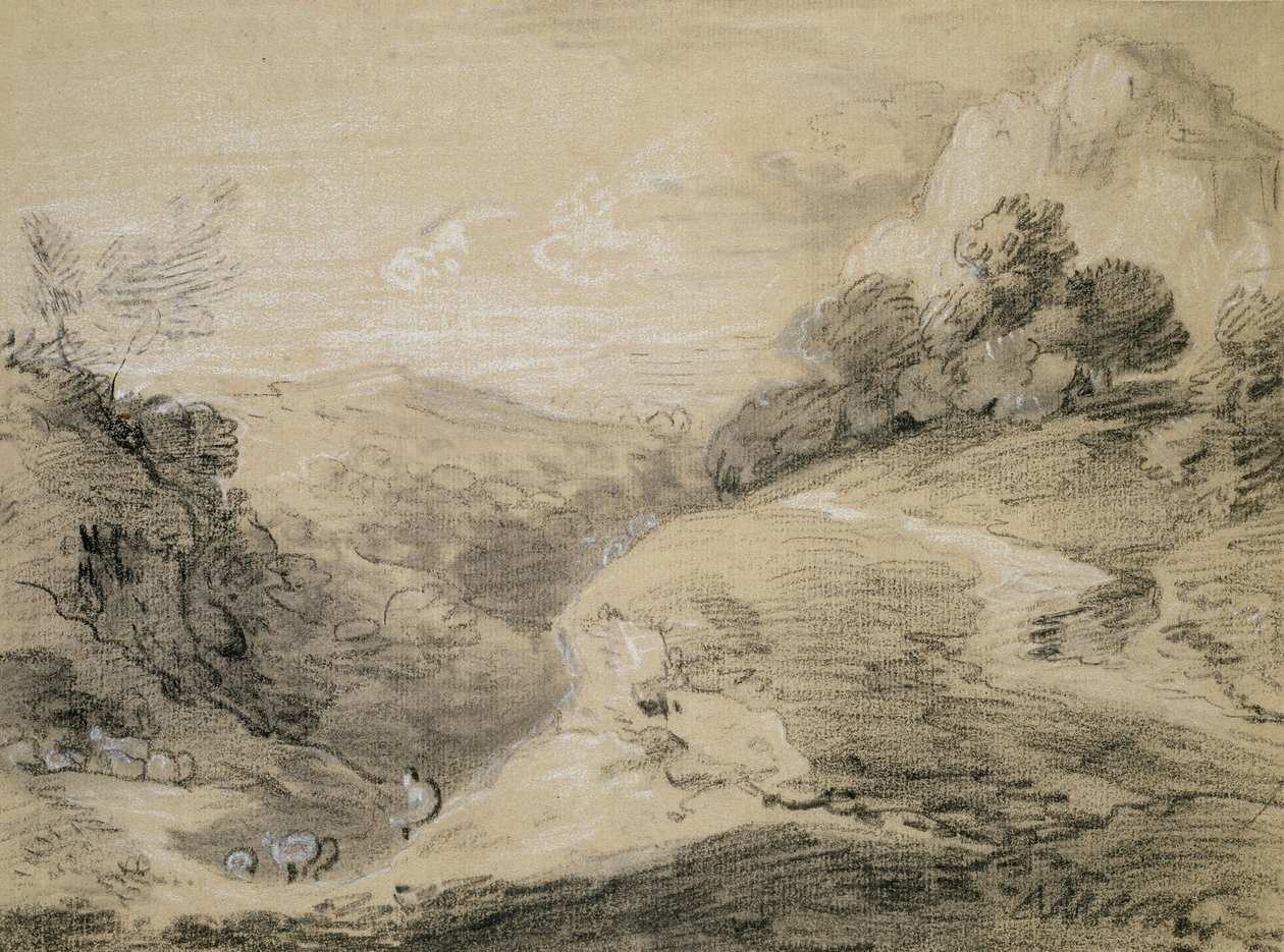Et kuperet landskab med hyrde og får (sort-hvidt kridt på buff-papir) af Thomas Gainsborough