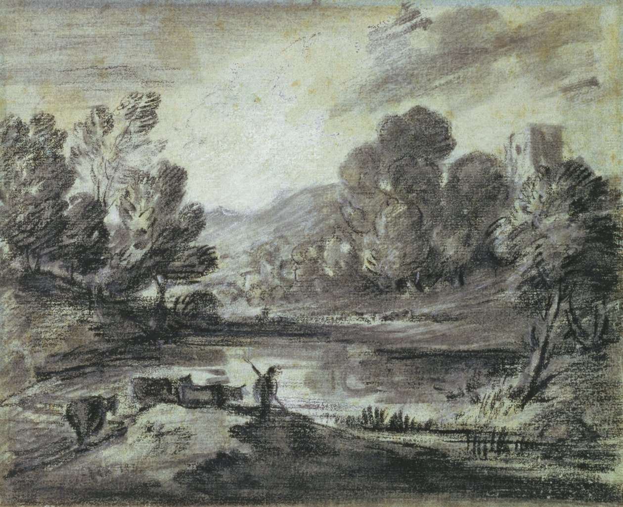 Et bakket landskab, ca. 1775-80 (sort kridt, stub og hvidt kridt på blåt papir) af Thomas Gainsborough