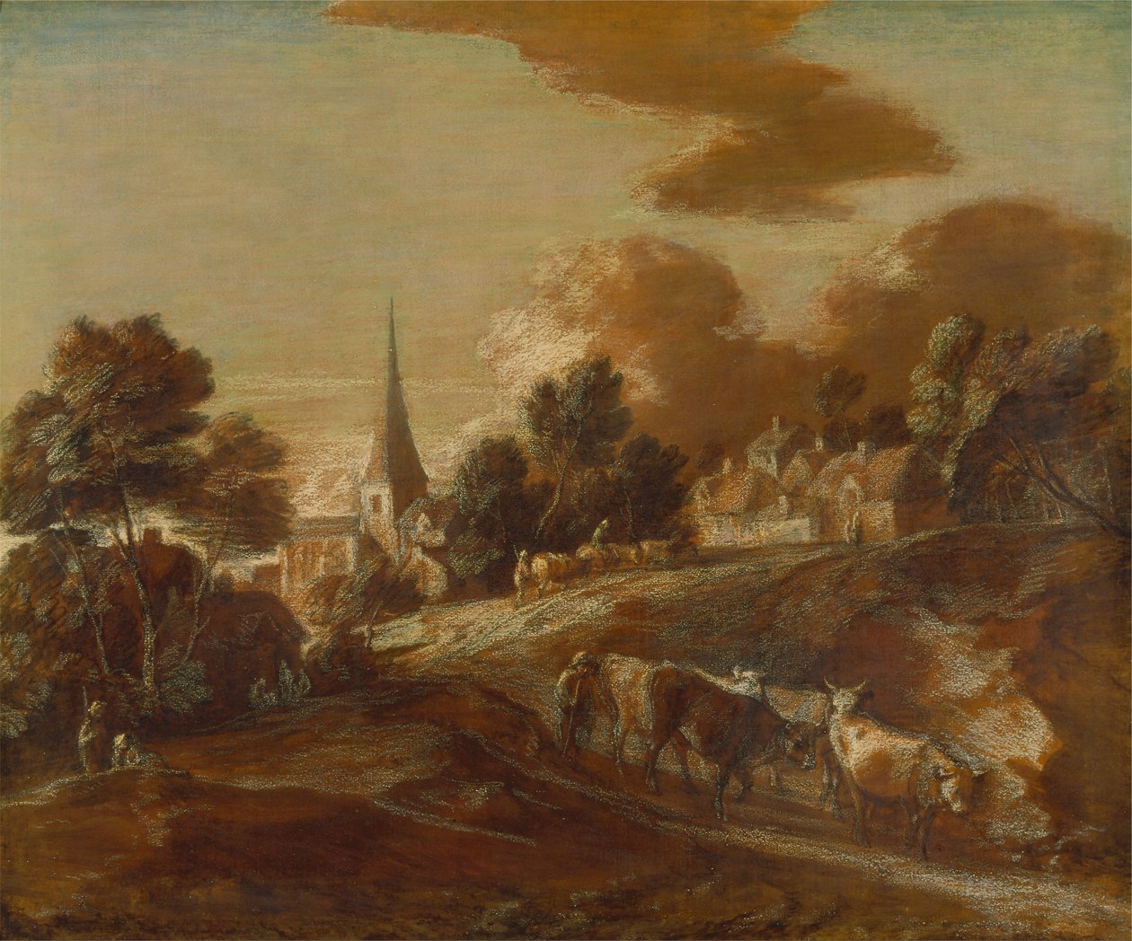 En imaginær skovklædt landsby med Drovers og kvæg af Thomas Gainsborough