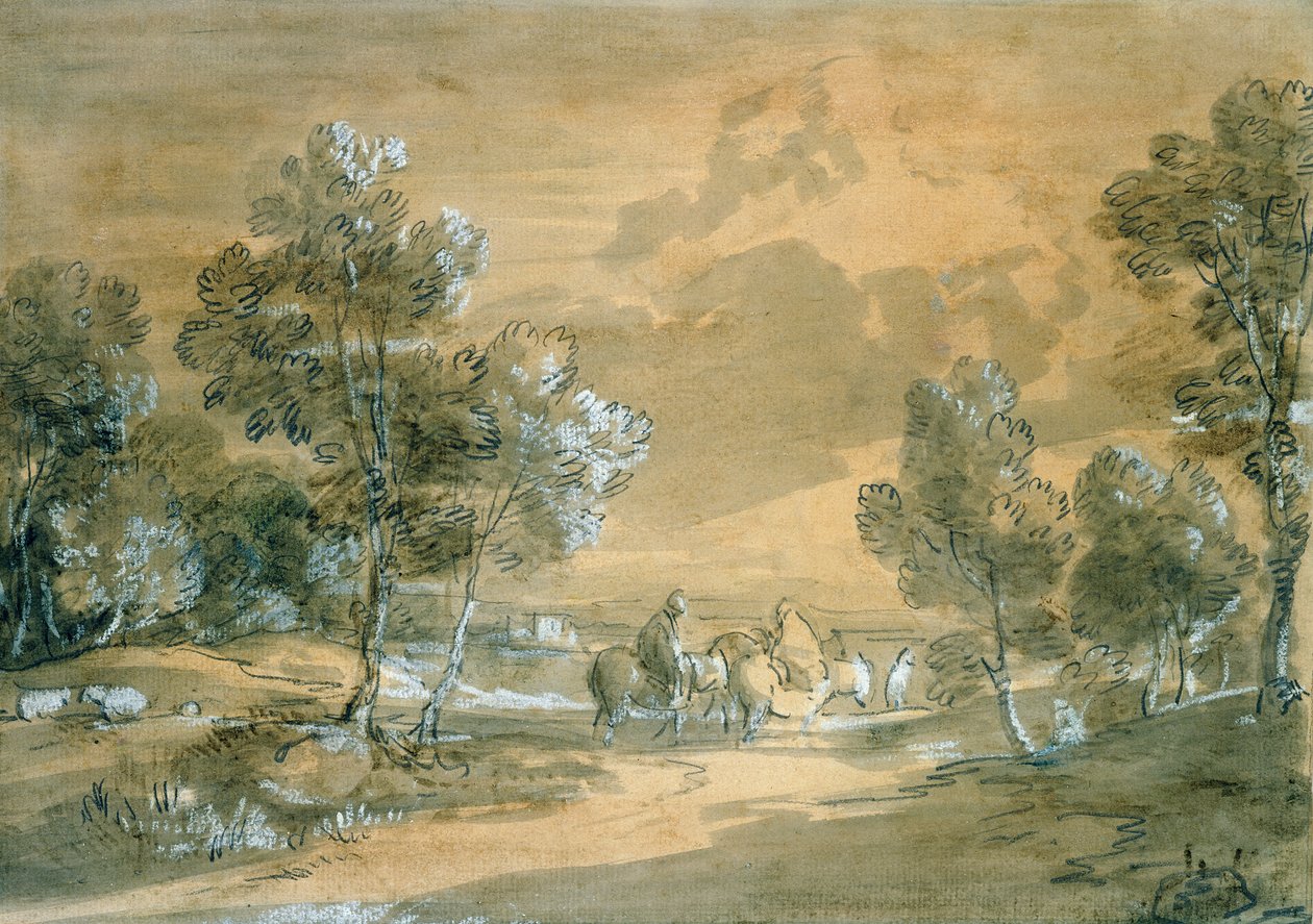 Et åbent landskab med rejsende på en vej (wc og kridt over grafit) af Thomas Gainsborough