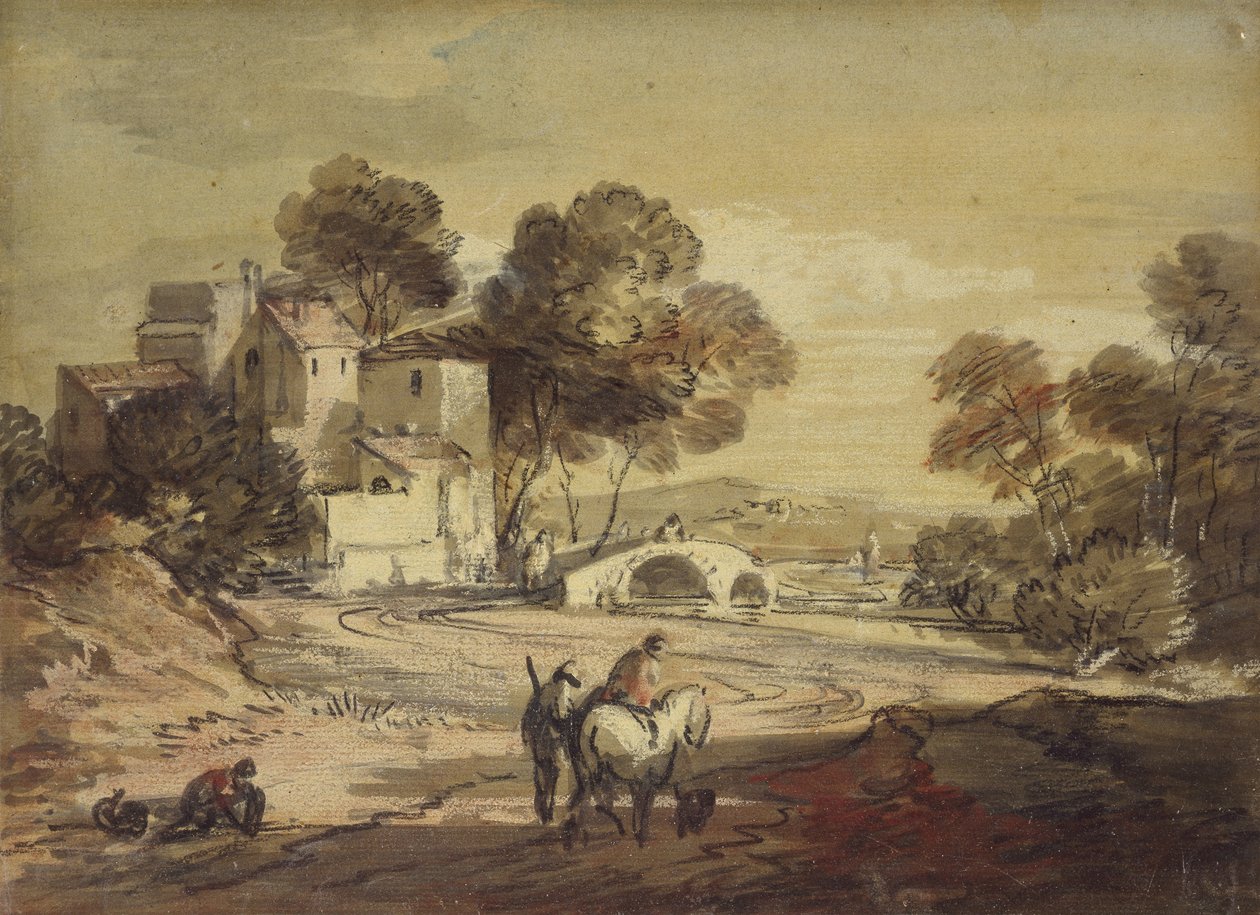 Italiensk landskab med rejsende på en snoede vej, 1775 - 1779 (sort kridt med akvarel og bodycolour, lakeret) af Thomas Gainsborough