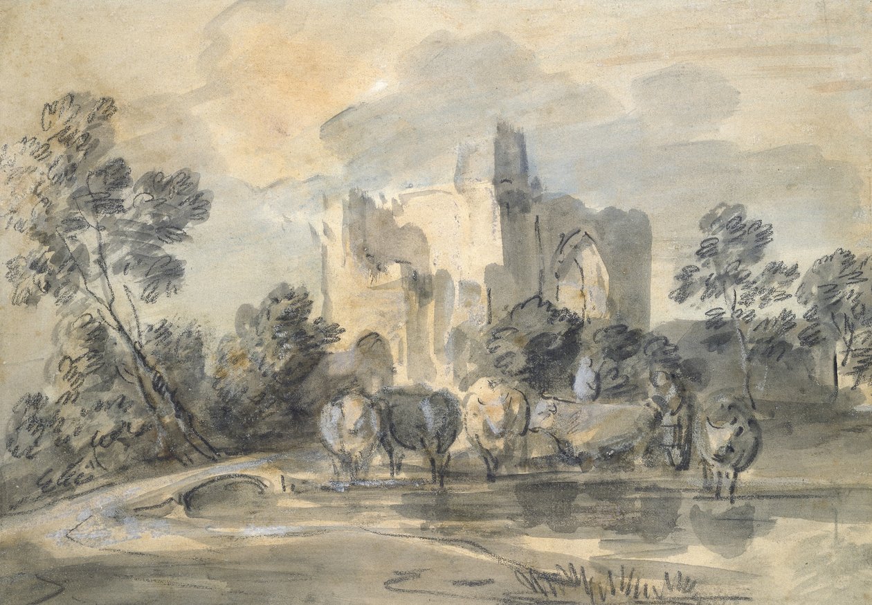 Landskab med et ruineret slot og kvæg ved en pool (sort kridt og akvarel, forhøjet med hvidt, på blegt brunt papir) af Thomas Gainsborough