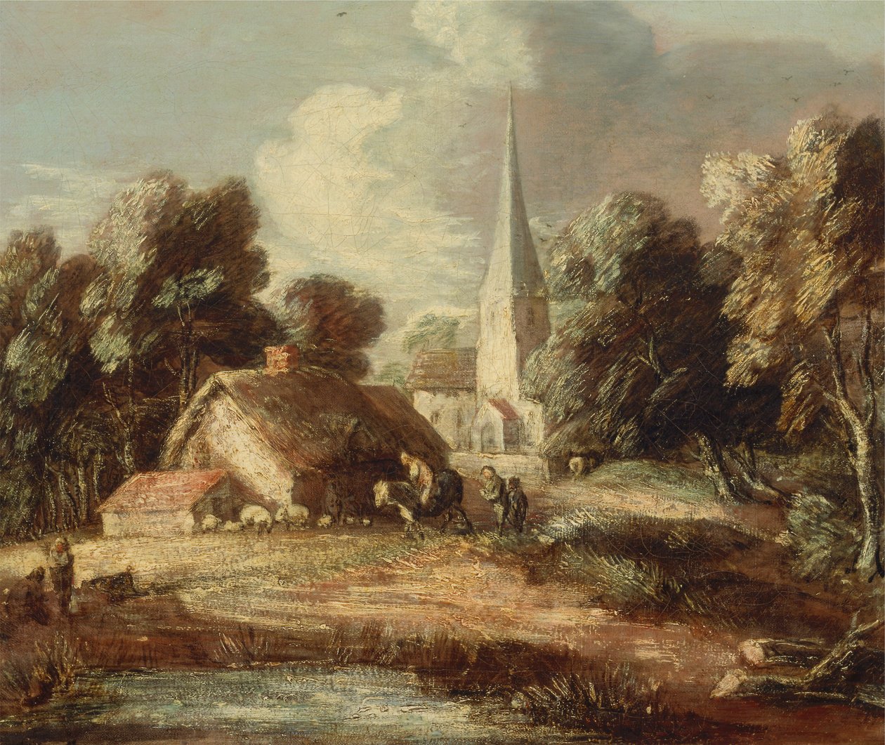 Landskab med sommerhus og kirke af Thomas Gainsborough