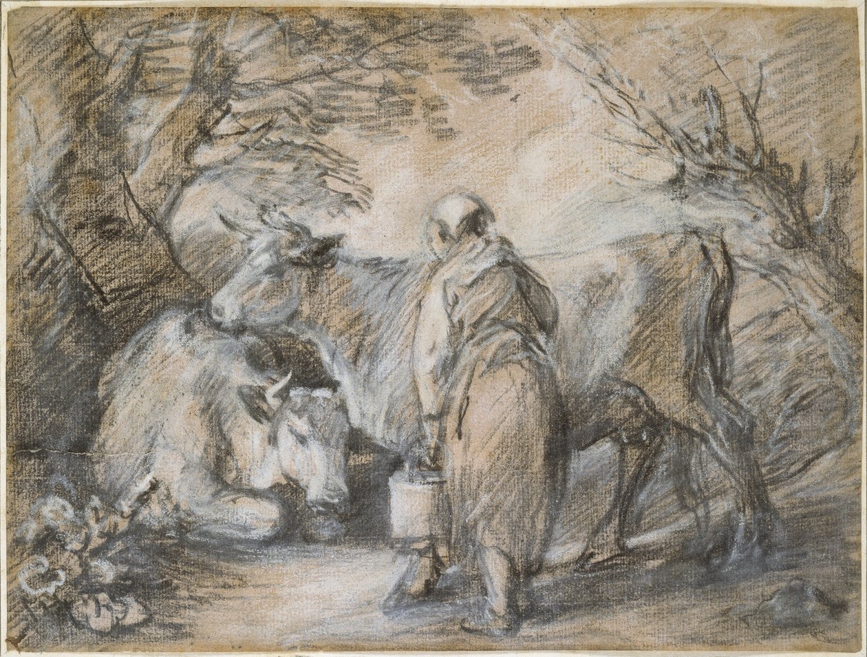 Mælkepige med to køer (sort kridt og stub forhøjet med hvid, på groft papir forberedt med pink) af Thomas Gainsborough