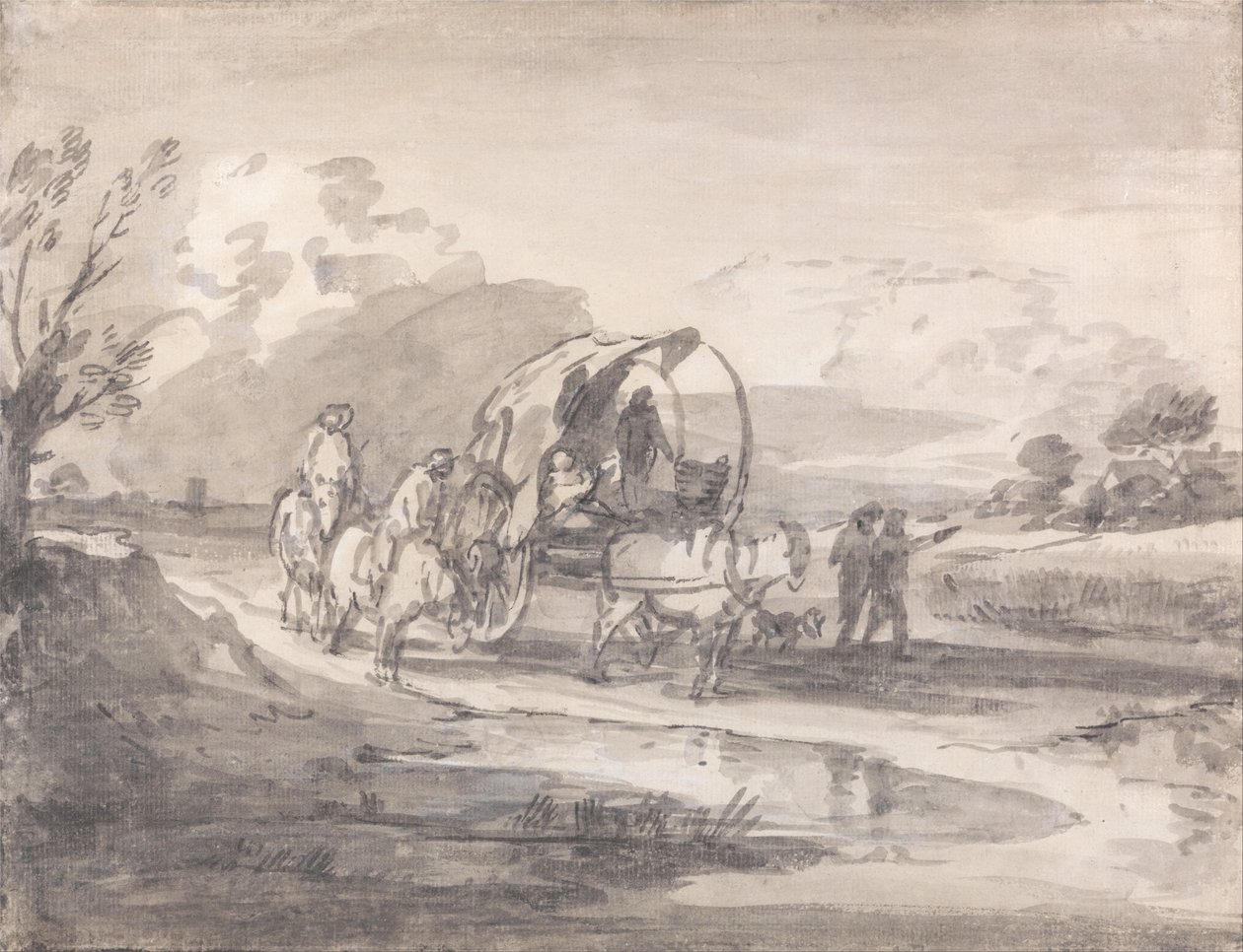 Åbent landskab med ryttere og overdækket vogn af Thomas Gainsborough