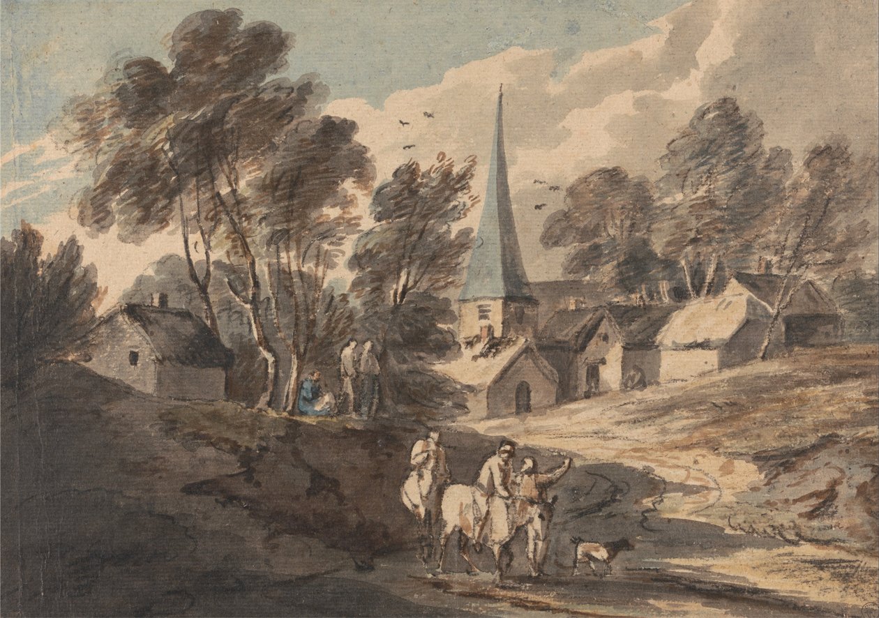 Rejsende på hesteryg nærmer sig en landsby med et spir af Thomas Gainsborough