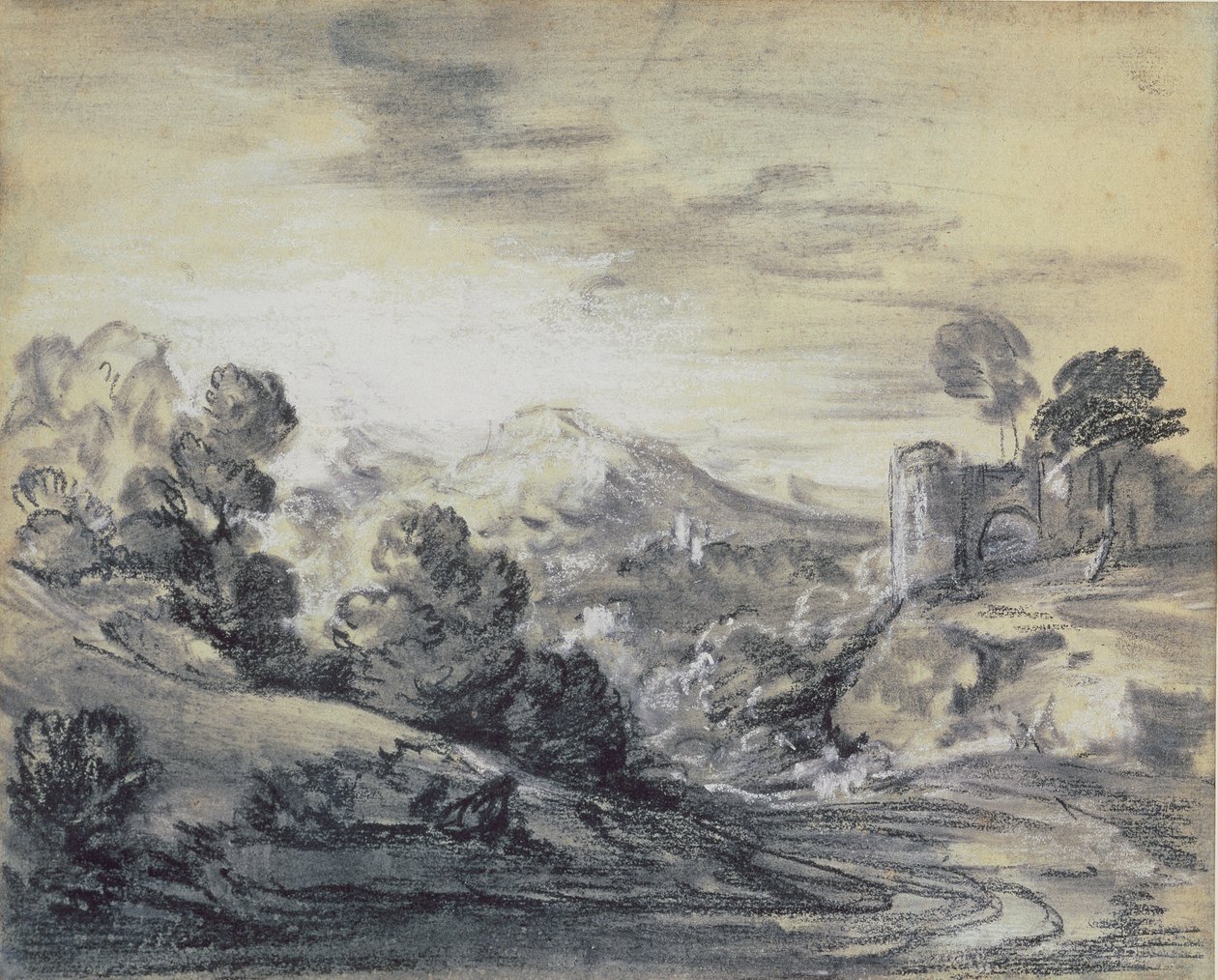 Skovlandskab med slot, ca. 1785-88 (sort og hvidt kridt på lagt papir) af Thomas Gainsborough