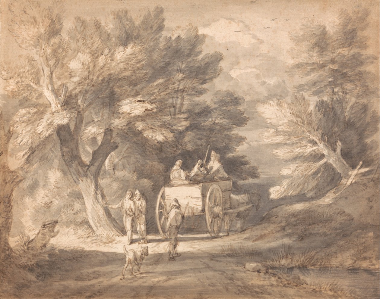 Skovklædt landskab med landvogn og figurer, der går ned ad en bane af Thomas Gainsborough