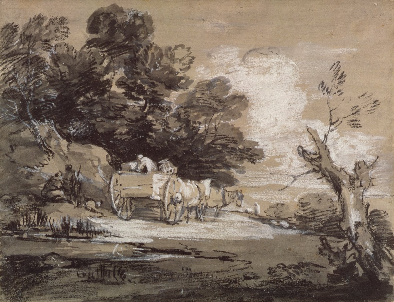Skovklædt landskab med landvogn og figurer, ca. 1785-88 (sort og hvidt kridt med vask på papir) af Thomas Gainsborough