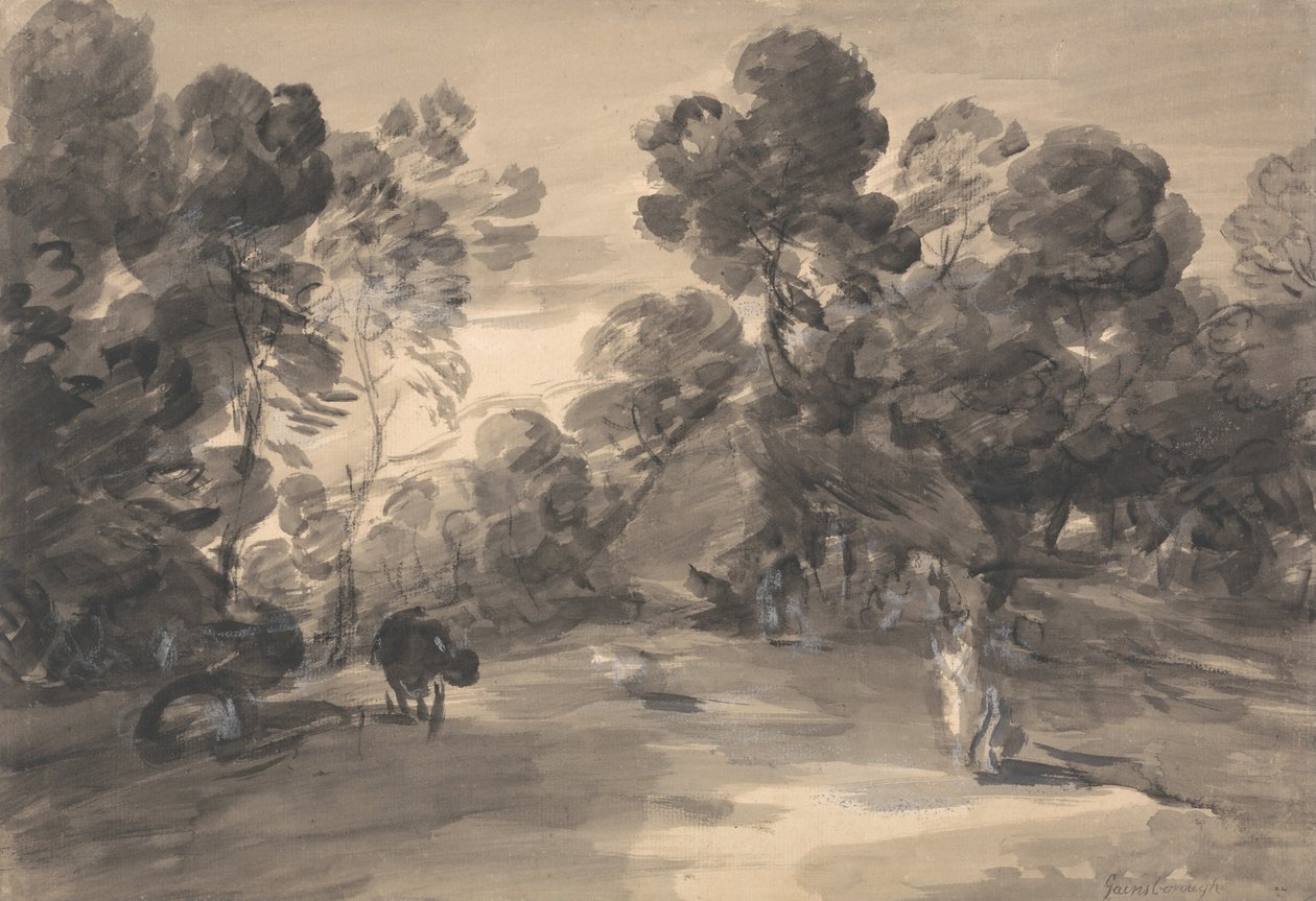 Skovklædt landskab med figurer, sommerhus og ko af Thomas Gainsborough