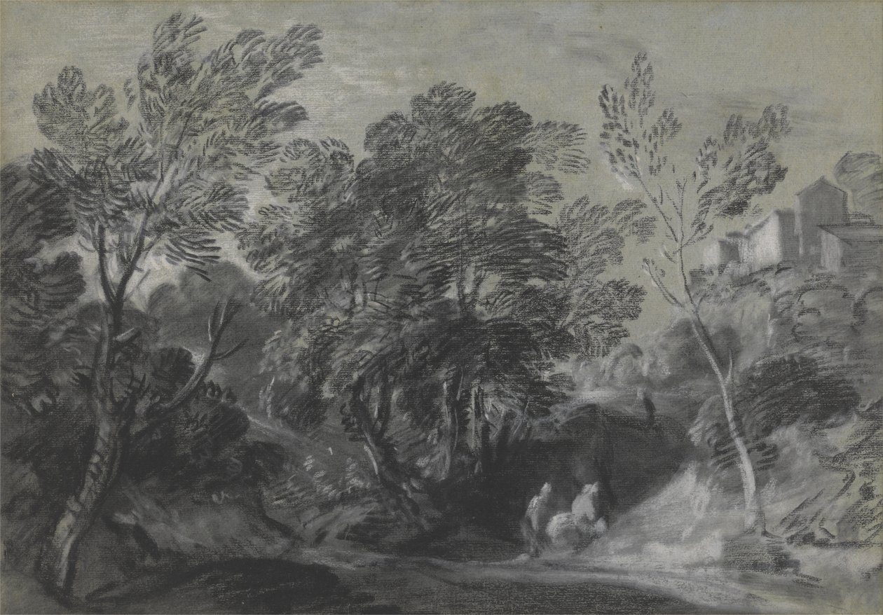 Skovklædt landskab med figurer og huse på bakken af Thomas Gainsborough