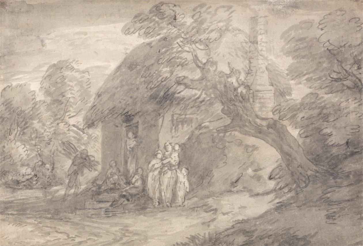 Skovklædt landskab med figurer uden for en sommerhusdør af Thomas Gainsborough