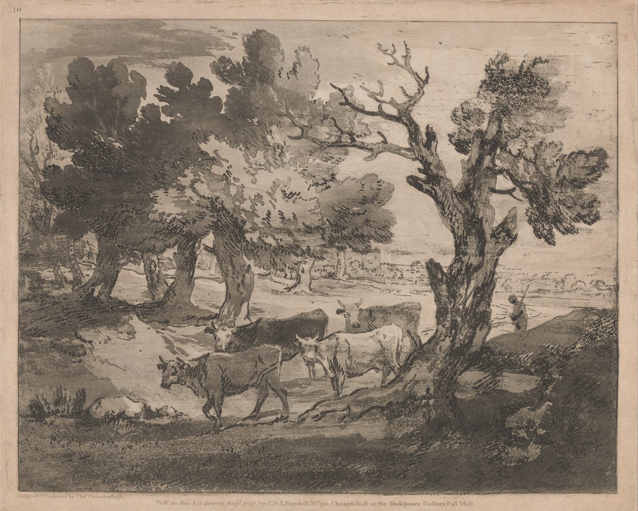 Skovklædt landskab med hyrde og køer af Thomas Gainsborough