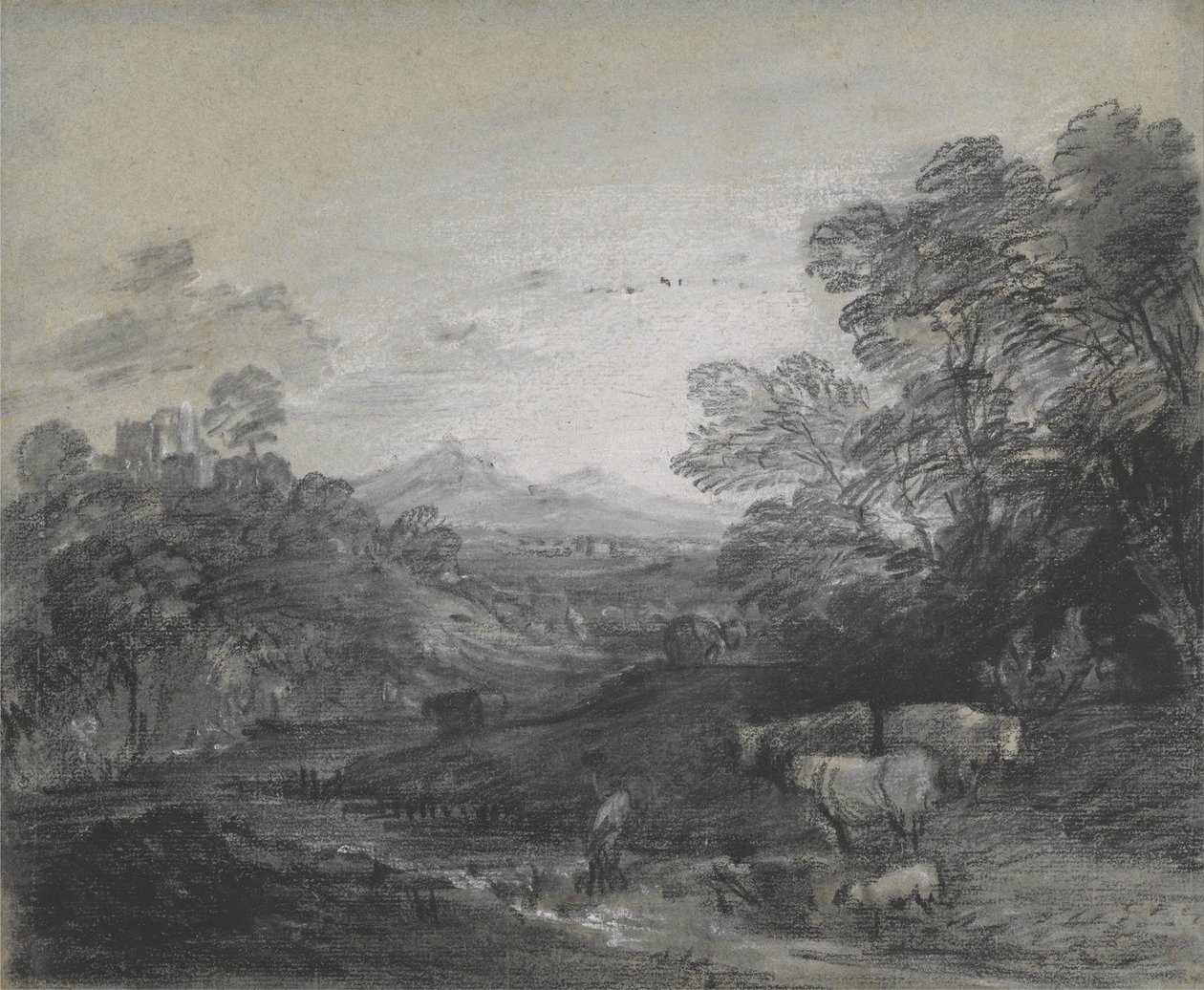 Skovklædt landskab med hyrder og kvæg, bygninger på en bakke og rustikke elskere af Thomas Gainsborough