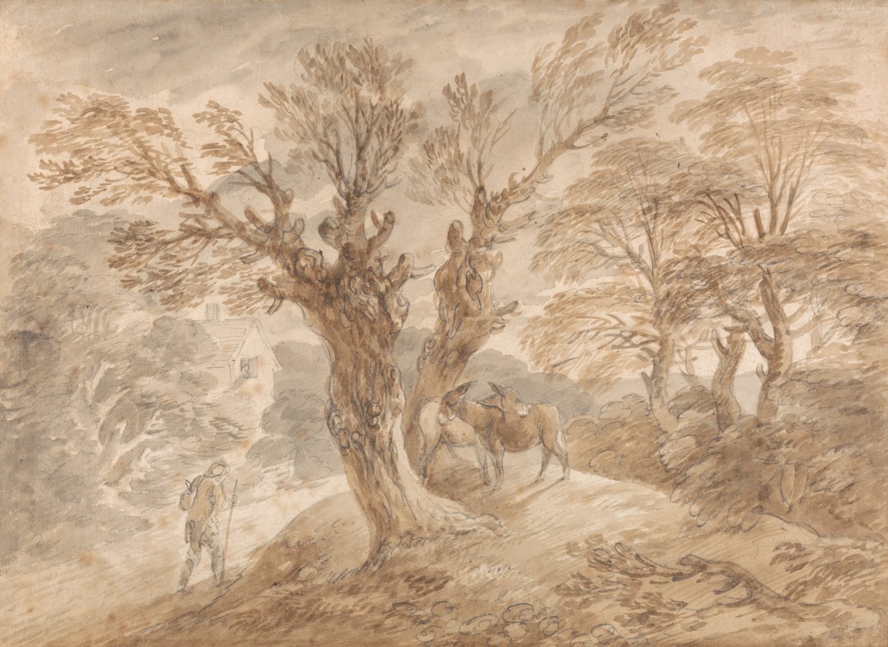 Skovklædt landskab med bonde og æsler af Thomas Gainsborough