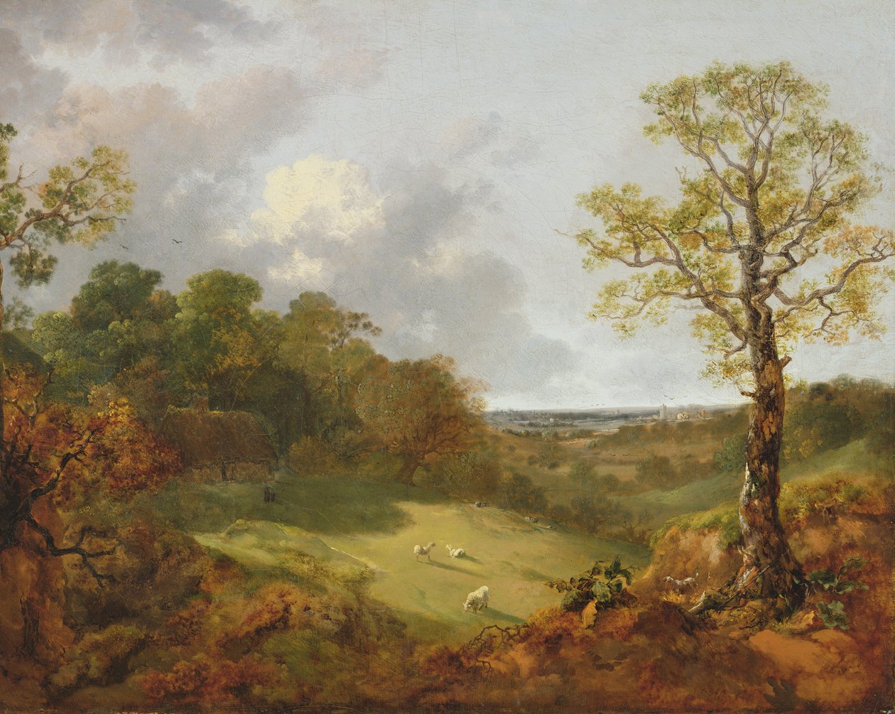Skovklædt landskab med et sommerhus, får og en tilbagelænet hyrde, ca. 1748-50 af Thomas Gainsborough