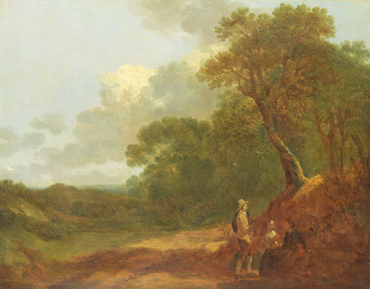 Skovklædt landskab med en mand, der taler med to siddende kvinder af Thomas Gainsborough