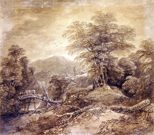 Wooded Mountain Landscape Herdsman & Cows Crossing, 1759 (pen, blæk og wc på papir) (se også 352793) af Thomas Gainsborough