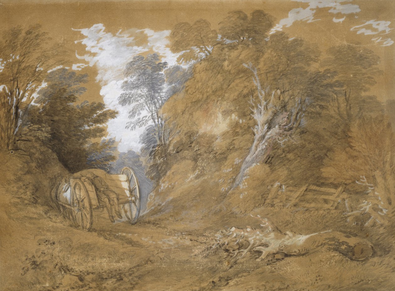 Skovlandskab med en sovende bondedreng i en vogn (akvarel og bodycolour over svage tegninger i grafit på brunt papir) af Thomas Gainsborough