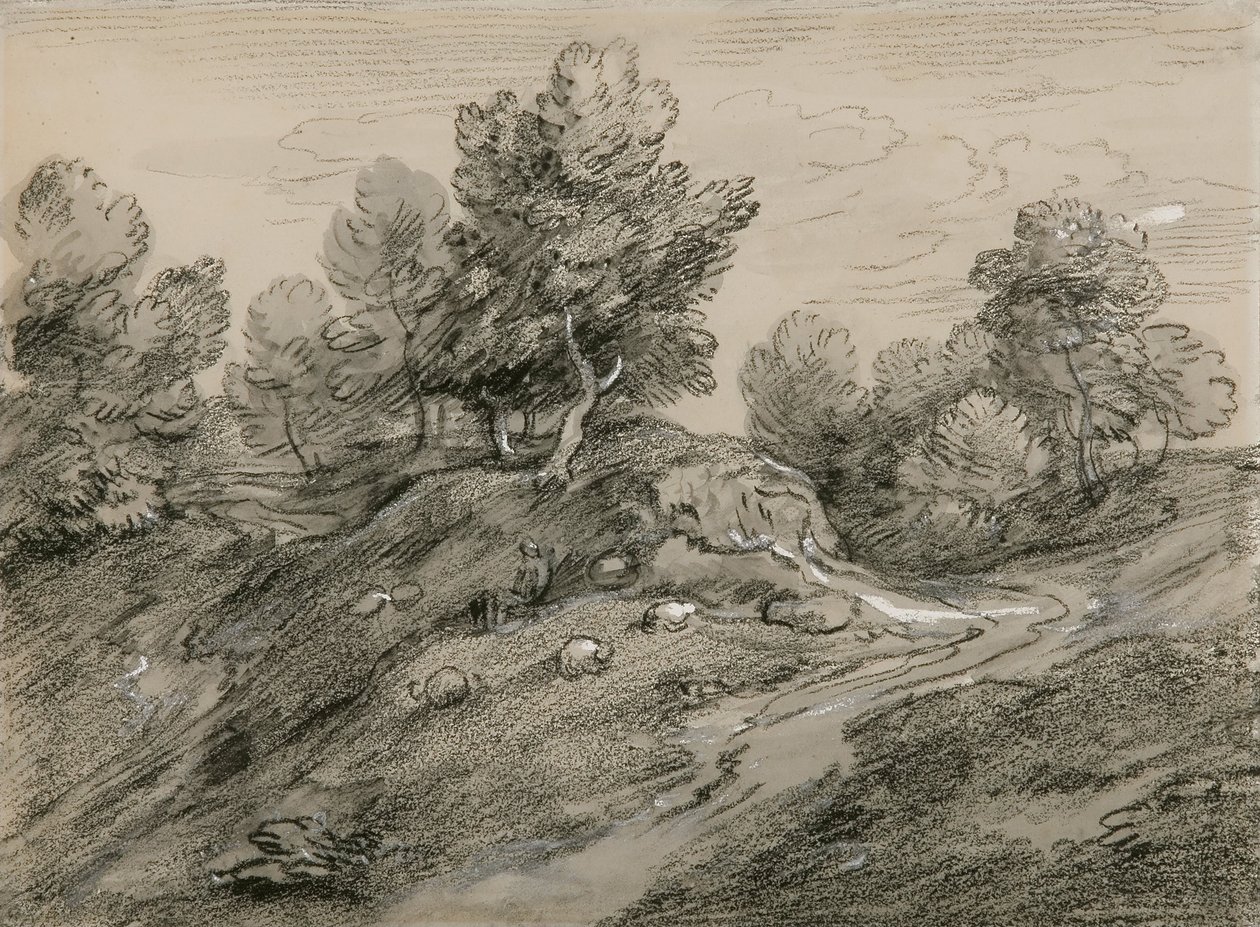 Skovklædt højlandskab med hyrde og får og landevej, der snor sig rundt om en knold af Thomas Gainsborough