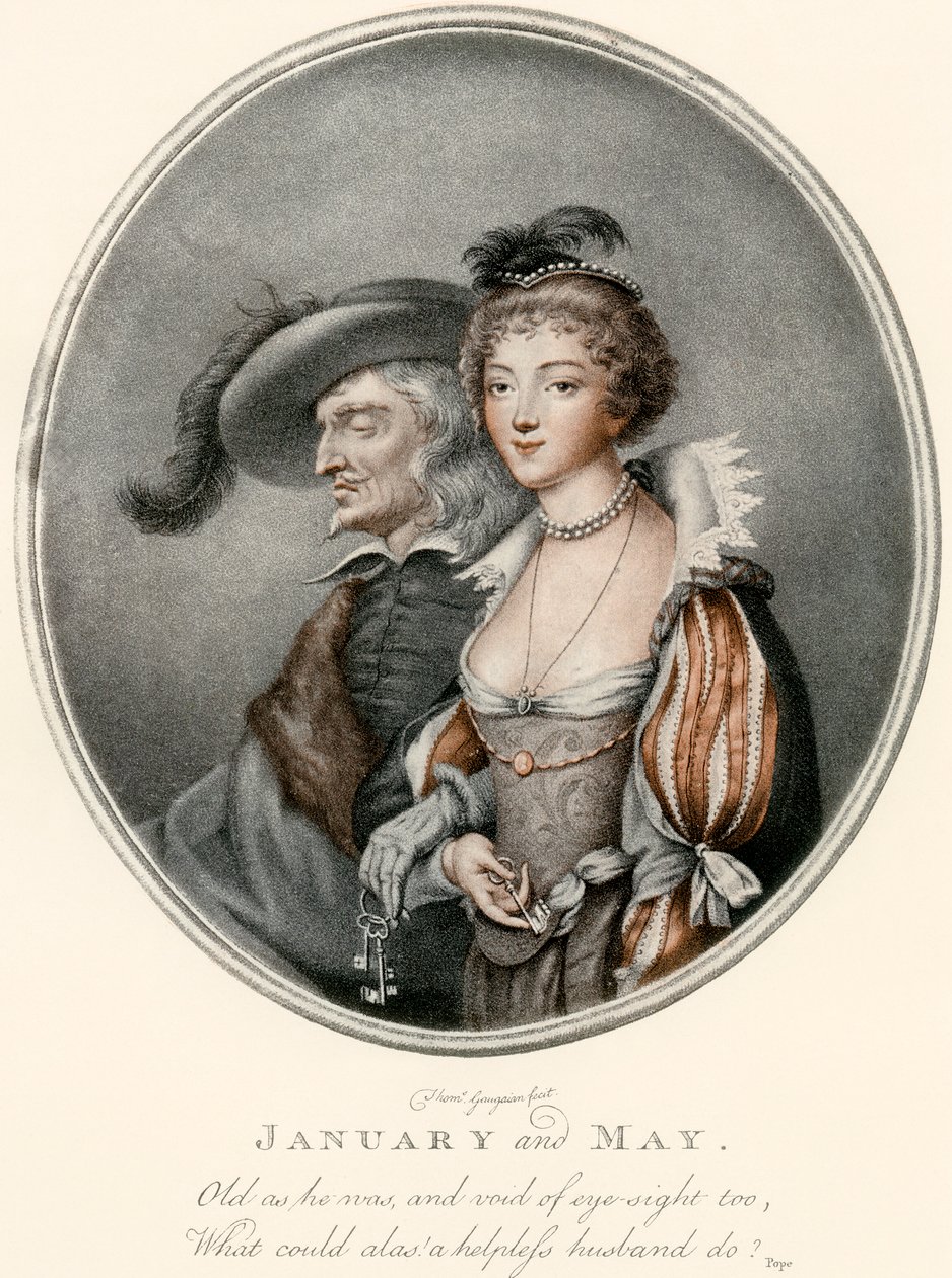 Illustration af den gamle ægtemand og hans unge brud fra Chaucers "The Merchant