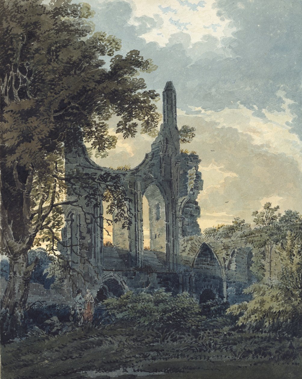 Byland Abbey, Yorkshire, ca. 1793 (akvarel berørt med sort blæk over angivelser i grafit) af Thomas Girtin