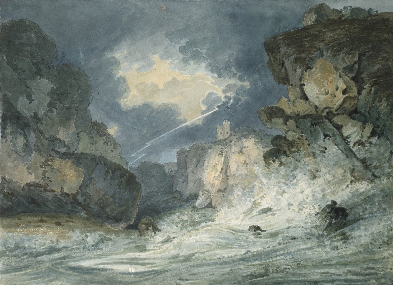 Dunstanburgh Castle in a Thunderstorm, 1700-tallet af Thomas Girtin