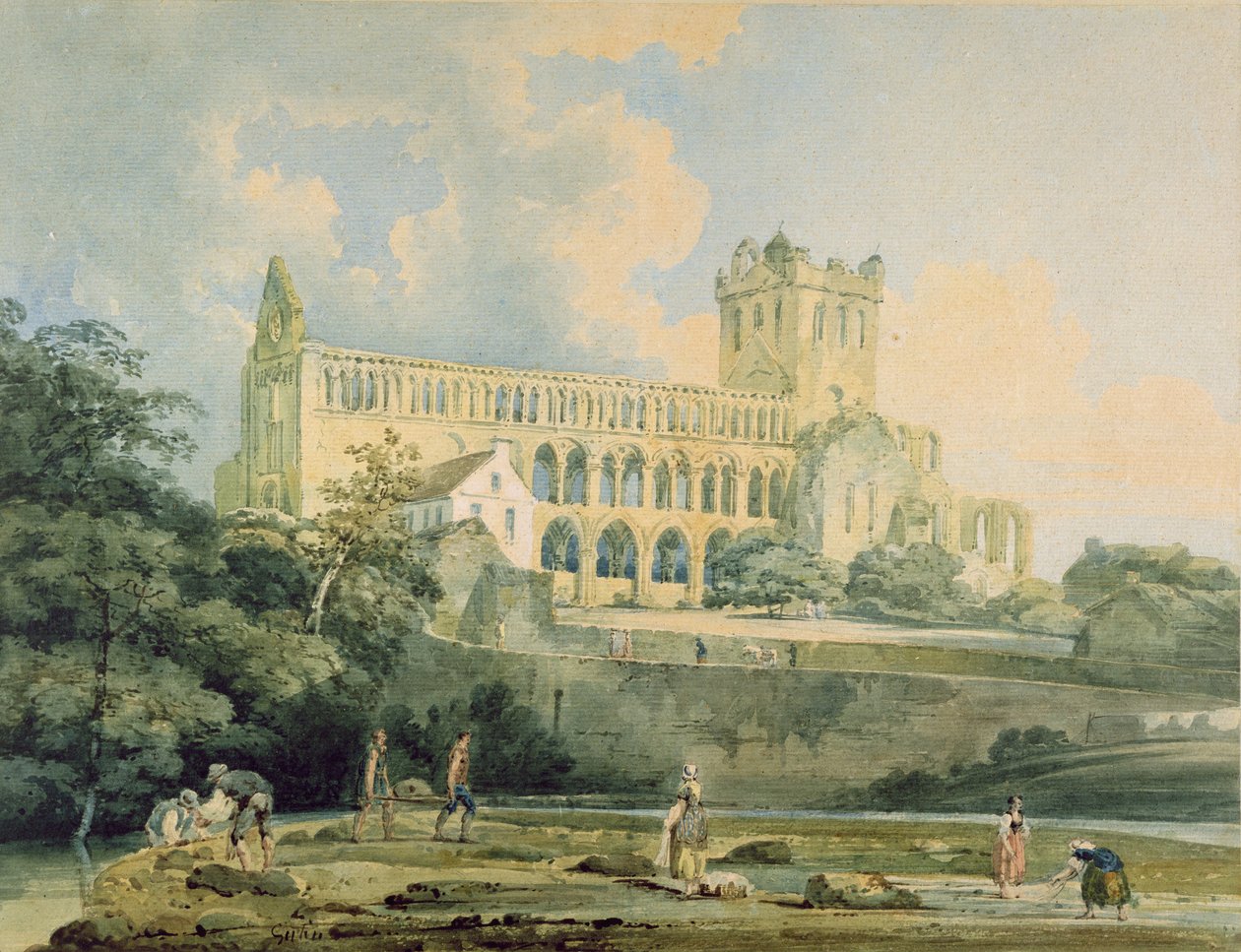 Jedburgh Abbey fra floden, ca. 1798-99 af Thomas Girtin