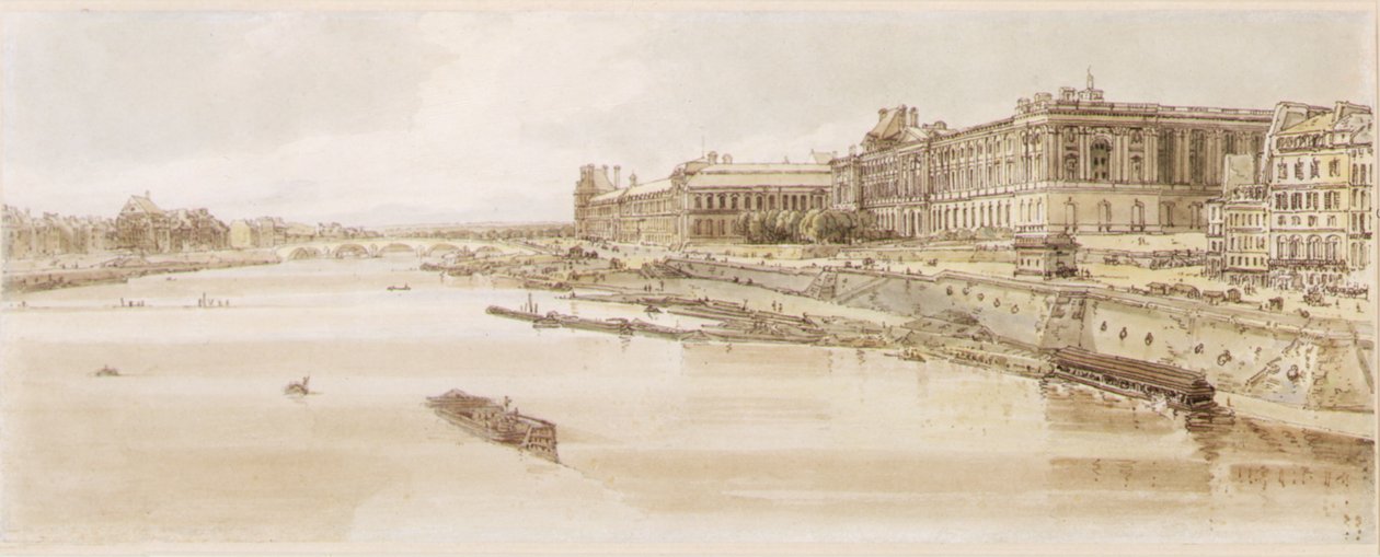 PD.5-1983 Udsigt over Louvre og Pont des Tuileries fra Pont Neuf, ca. 1801 (ætsning, grafit og wc) af Thomas Girtin
