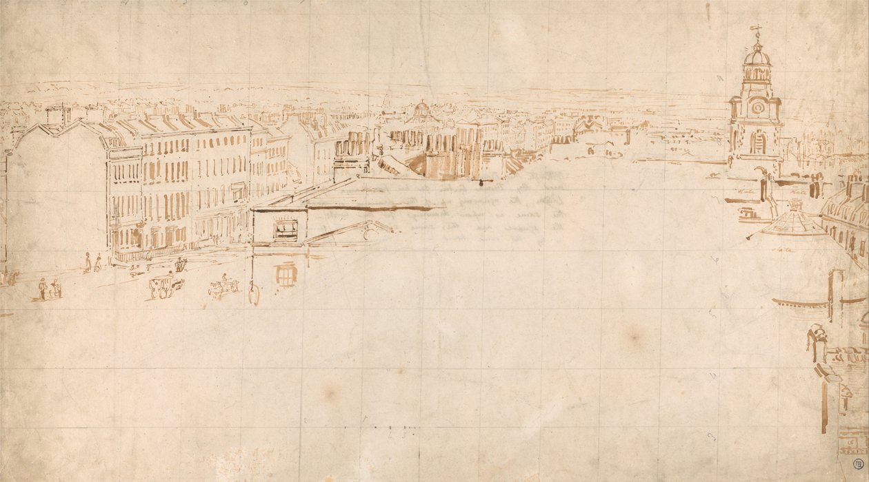 Skitse til Eidometropolis- Panorama, Great Surrey Street og Christchurch, Southwark af Thomas Girtin