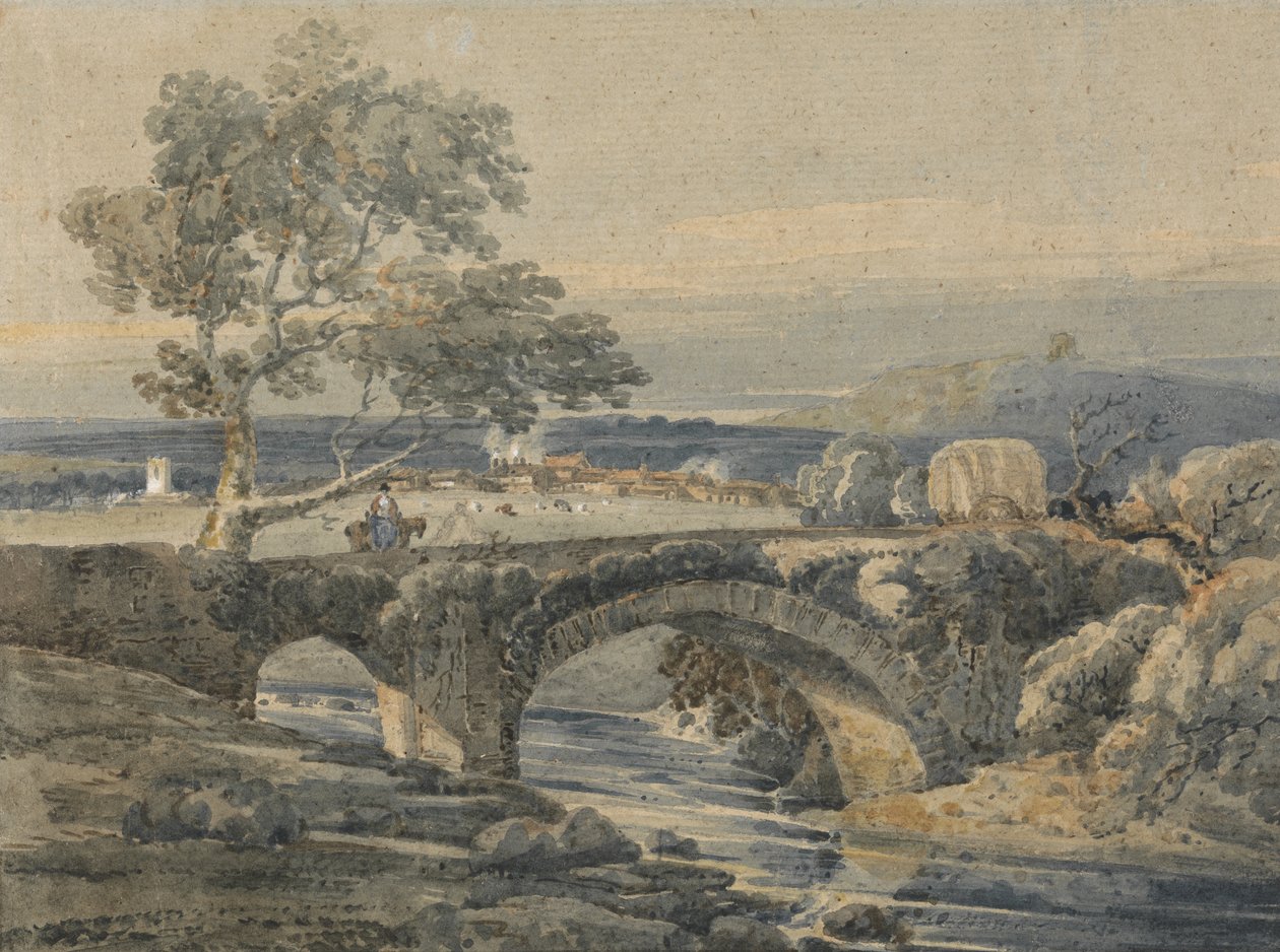 Den gamle bro i Devon (grafit og wc med hvid bc på papir) af Thomas Girtin