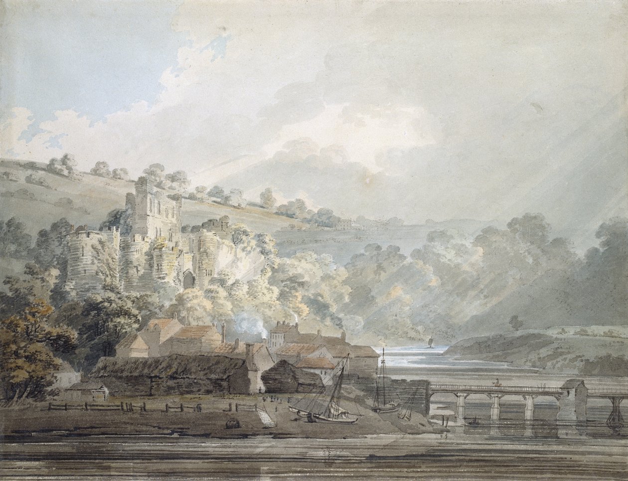 Udsigt over Chepstow, Monmouthshire, ca. 1791-92 (akvarel med pen og sort blæk over tegninger i grafit) af Thomas Girtin