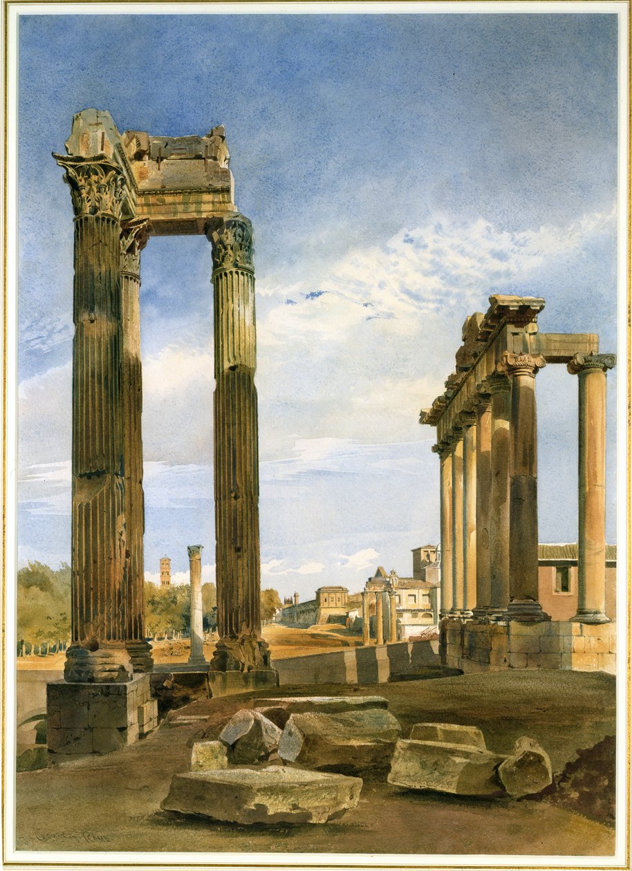Vespasian- og Saturns-templerne med Castor-templet hinsides, Forum, Rom (wc på papir) af Thomas Hartley Cromek