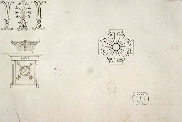 Design til støbt arbejdsdekoration, fra enogtyve pentegninger af dekorative detaljer i antik stil (pen og brunt blæk på papir) af Thomas Hope