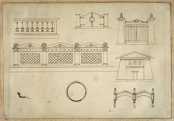 Design til porte, vægge og balustrade fra 21 pentegninger af dekorative detaljer i antik stil (grafit, pen og brunt blæk på papir) af Thomas Hope